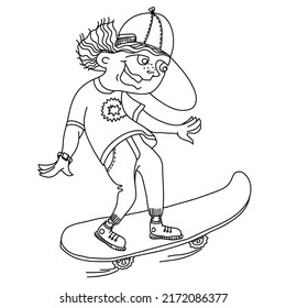 Ilustración vectorial de la placa de la piel. Muchacho adolescente saltando sobre caricaturas de patineta personaje de vector ilustración dibujada a mano aislado en blanco