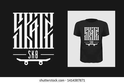Skate board vector illustrations with cool logo for t-shirt print and for modern active skateboarding hobby outfit. Urban skating. Sk8 typography.