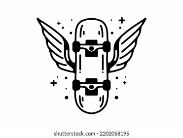 Skate board with wings Black and white line art mono line tattoo design