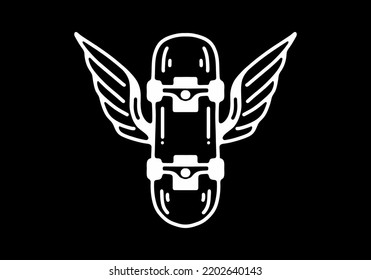 Skate board with wings Black and white line art mono line tattoo design