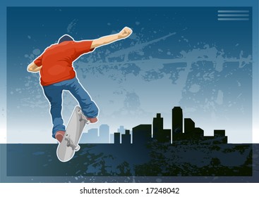 Skate Boarder Doing A Trick On The City Silhouette.