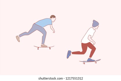 Skate boarding  simple line art vector illustration, colorful doodle