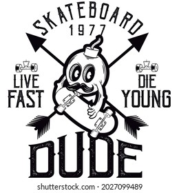 Skate cartoon with skateboard and text with arrow background