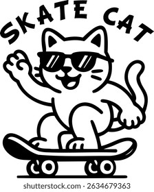 Skate Cat | Cool Feline on a Skateboard | Fun Playful Illustration | Black White Bold Line Art Street Style Design Trendy T-Shirt Graphic Energetic Stylish Cat Art