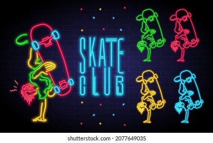 Ilustración del Vector Brillante De La Neón De Skate Club. Skateboard Man , Skate Park Bright Color Icon, Shape Neon Design