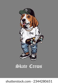 skate crews slogan with cartoon dog street skater graphic vector illustration