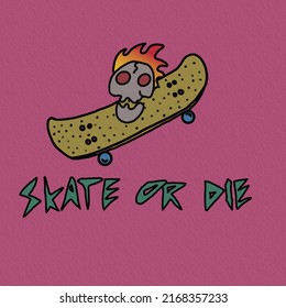 Skate or die sign with skate and skull logo on a pink background