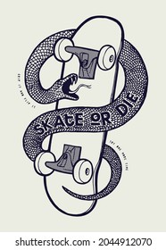 Skate or die. Snake on the skateboard vintage typography t-shirt print vector illustration.