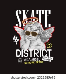 skate district slogan with black and white baby angel in sunglasses vector illustration on black background