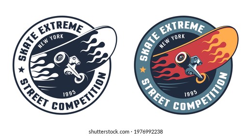 Skate Extreme Round Retro Logo With Skateboard. Vector Illustration.
