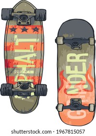 Skate. Fashion kids print with Skate and  With  text slogan.  Vector hand draw illustration.