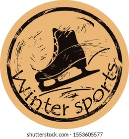 Skate for figure skating icon vector round shabby emblem design, old retro style. Figure skating logo mail stamp isolated on craft paper. Vintage grunge sign. Winter sport round seal imitation.