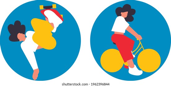 Skate girl and bike icon vector illustration. Silhouette of a sportswoman. Vector illustration. Color icon. For posters and websites. 