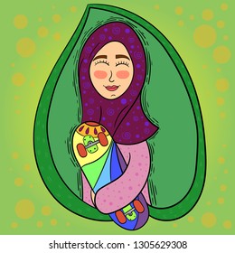 Skate girl in hijab with skateboard on green background