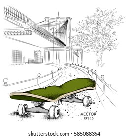 Skate And Grunge Texture Background. New York, Brooklyn Concept. hand drawn vector illustration