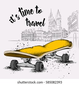 Skate And Grunge Texture Background. The old city of Prague. Vector