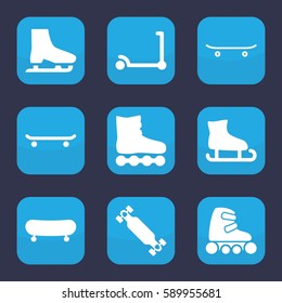 skate icon. Set of 9 skate filled icons such as kick scooter, skateboard, skating