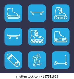 Skate icon. set of 9 outline skate icons such as kick scooter, skateboard, skating