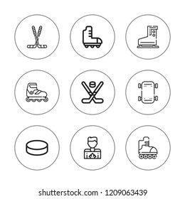 Skate icon set. collection of 9 outline skate icons with hockey, ice skate icons. editable icons.