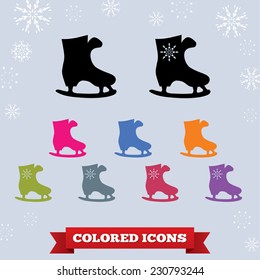Skate icon. Sport, winter symbol. Christmas theme. Colorful signs on light blue background with snowflakes.  Vector isolated