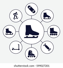 skate icons set. Set of 9 skate filled icons such as kick scooter, skate board
