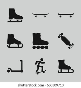 Skate icons set. set of 9 skate filled icons such as kick scooter, skateboard, skating