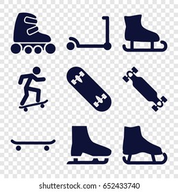 Skate icons set. set of 9 skate filled icons such as kick scooter, skate board, skating