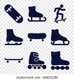 Skate icons set. set of 9 skate filled icons such as skate board, skating