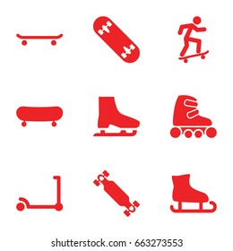 Skate icons set. set of 9 skate filled icons such as kick scooter, skate board, skating