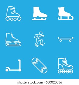 Skate icons set. set of 9 skate filled and outline icons such as kick scooter, ice skate, ice skating