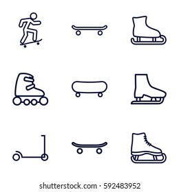 skate icons set. Set of 9 skate outline icons such as kick scooter, skateboard, skating