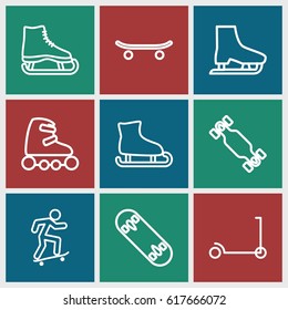 Skate icons set. set of 9 skate outline icons such as kick scooter, skateboard