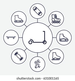 Skate icons set. set of 9 skate outline icons such as kick scooter, skateboard, skating