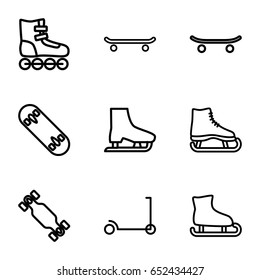 Skate icons set. set of 9 skate outline icons such as kick scooter, skateboard, skating