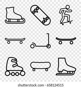 Skate icons set. set of 9 skate outline icons such as kick scooter, skateboard, skating