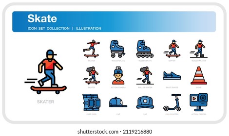 Skate Icons Set. UI Pixel Perfect Well-crafted Vector Thin Line Icons. The illustrations are a vector.


