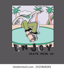 Ilustración de skate con eslogan. Tablero de skate dibujado a mano. Diseño gráfico de Vector para camiseta.