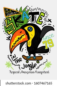 skate in the jungle cartoon bird,t-shirt design fashion vector