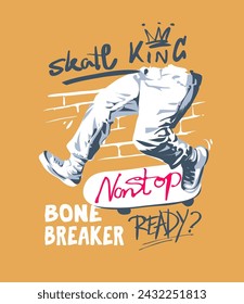 skate king calligraphy slogan with man playing skateboard hand drawn vector illustration for fashion print