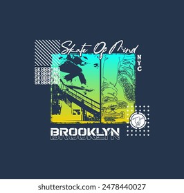SKATE OF MIND slogan with graphic illustration of twisted skateboard