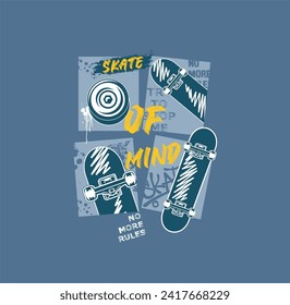 Skate Of Mind vector illustrations with cool slogans for t-shirt print and other uses. Skate all day text.