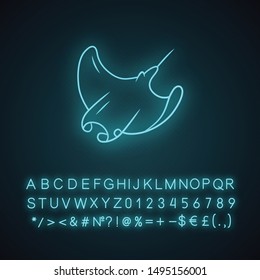 Skate neon light icon. Swimming stingray. Oceanarium animal. Electric ramp. Underwater creature. Ocean fauna. Glowing sign with alphabet, numbers and symbols. Vector isolated illustration