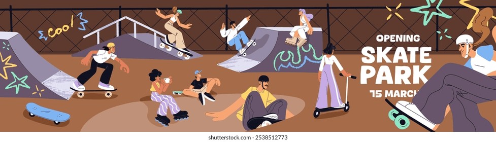 Design de banner de publicidade de skate park. Promoção de eventos em skates para patinadores e jovens. Skatistas saltam, fazem acrobacias esportivas, truques extremos com prancha em rampas. Ilustração de vetor plano