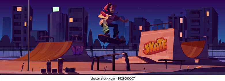 Skate park with boy riding on skateboard at night. Vector cartoon cityscape with ramps, graffiti on walls and teenager jump on track. Playground for extreme sport activity lit by street lamp