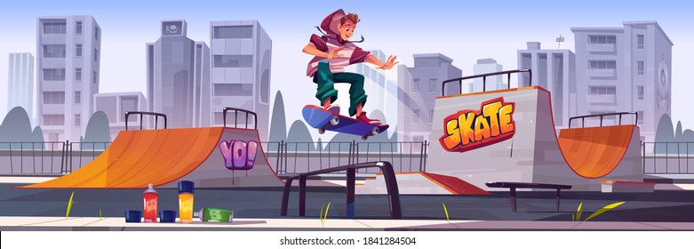 Skate park with boy riding on skateboard. Vector cartoon cityscape with ramps, graffiti on walls, aerosols for drawing and teenager jump on track. Playground for extreme sport activity