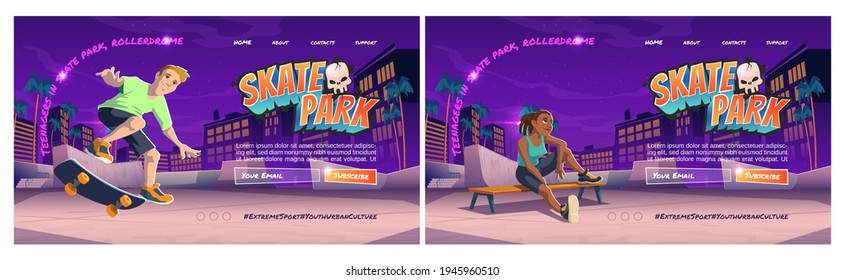 Skate park cartoon landing page with teenager at rollerdrome perform skateboard jumping stunts on pipe ramps. Extreme sport, graffiti, youth urban culture and teen street activity, vector web banner