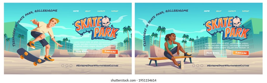 Skate park cartoon landing page with teenager at rollerdrome perform skateboard jumping stunts on pipe ramps. Extreme sport, graffiti, youth urban culture and teen street activity, vector web banner