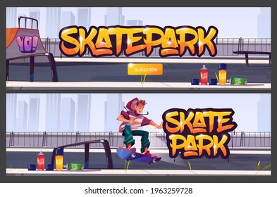 Skate park cartoon posters with teenager at rollerdrome perform skateboard jumping stunts on pipe ramps. Extreme sport, graffiti painting, youth urban culture and teen street activity, vector banners