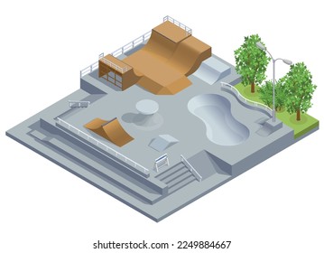 Skate park composition with infrastructure symbols isometric vector illustration