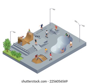 Skate park concept with sport activity symbols isometric vector illustration